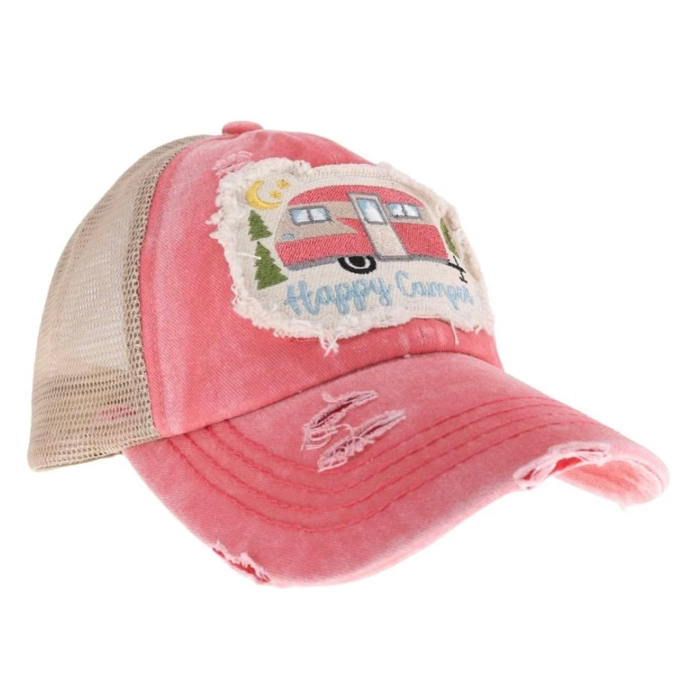 Embroidered Happy Camper Patch High Pony Criss Cross Ball Cap BT1004