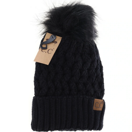 Lattice Stitch Fur Pom Lined Beanie YJ826