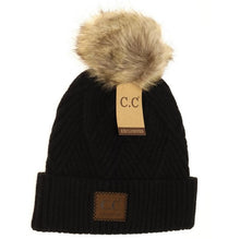 Load image into Gallery viewer, Diagonal Knit Beanie with Fur Pom
