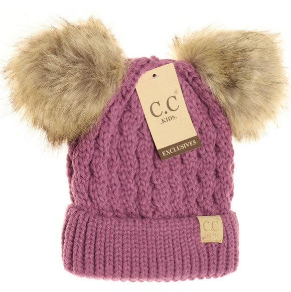 Youth Cable Knit Double Fur Pom Beanie