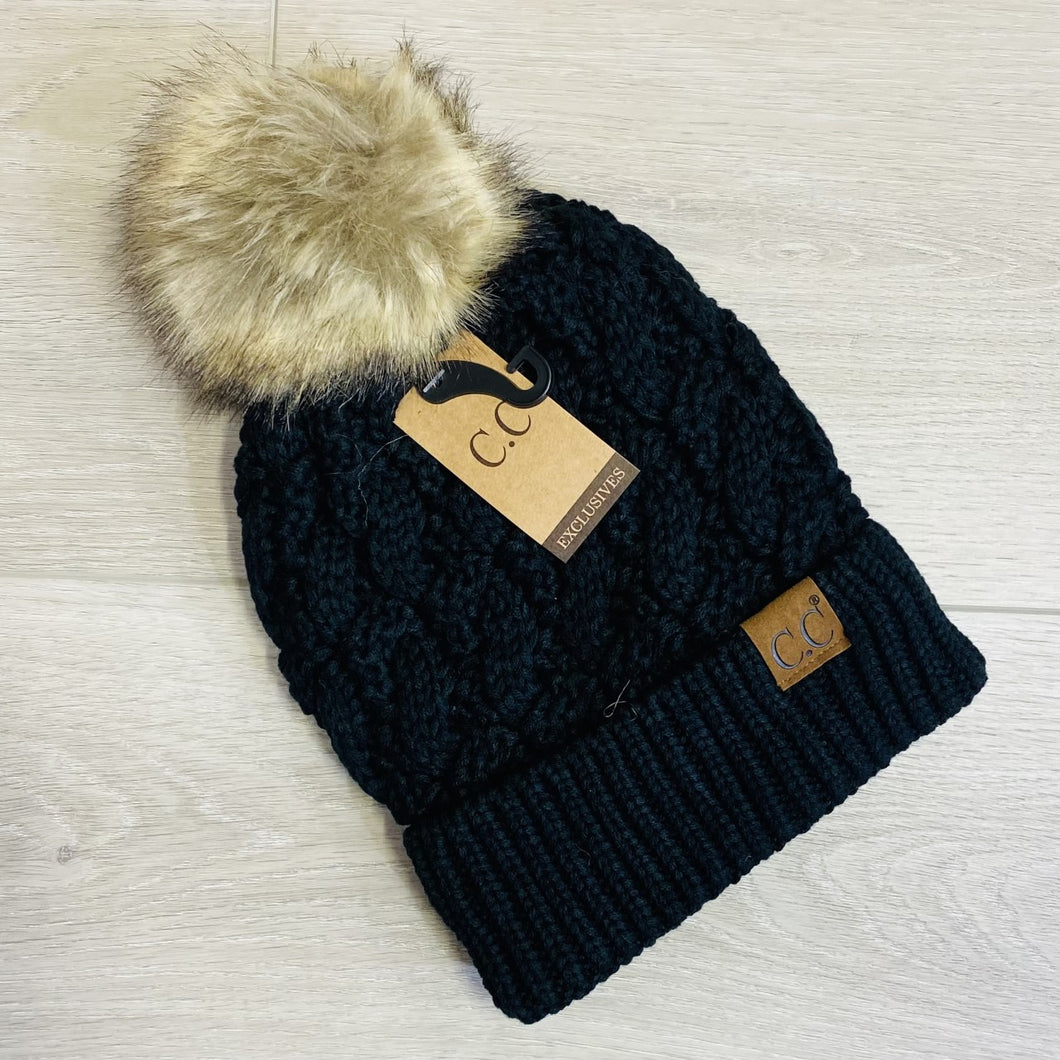 Ribbed Cable Knit Lined Beanie with Fur Pom YJ2021